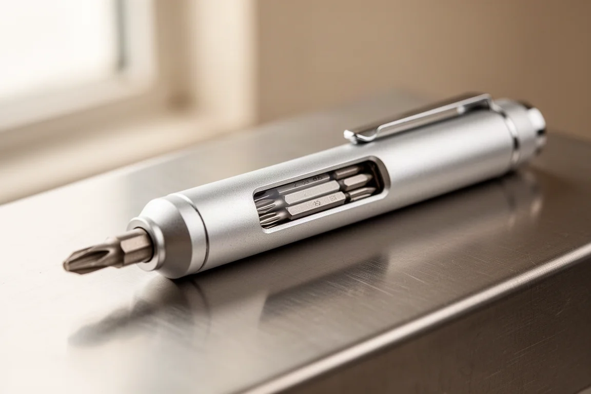 Gros plan sur un tournevis en forme de stylo avec une fenêtre montrant les embouts empilés dans le corps