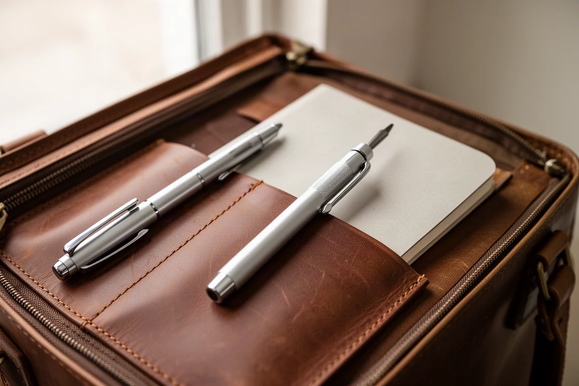 Tournevis compact en forme de stylo rangé dans la poche ouverte d'une serviette