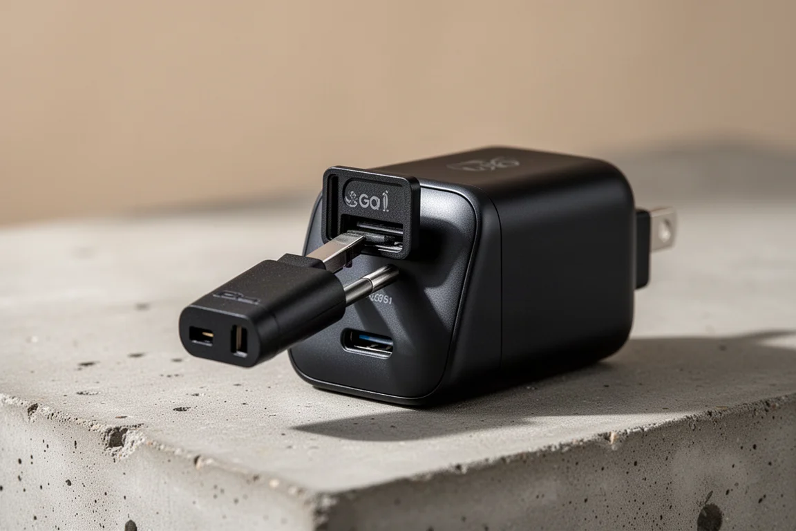 Hände richten einen Typ-G-Adapterstecker an der Rückseite eines kleinen Ladeblocks aus