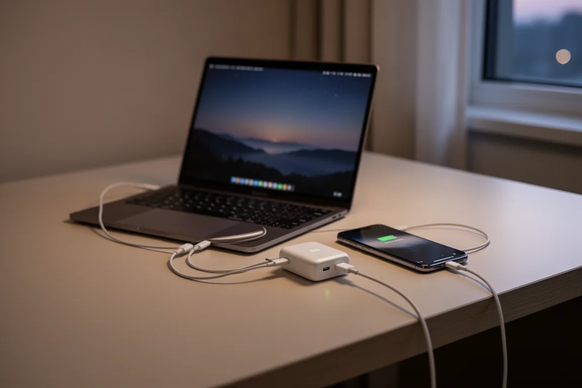 Laptop und Smartphone werden gemeinsam von einem kleinen Reiseladegerät geladen