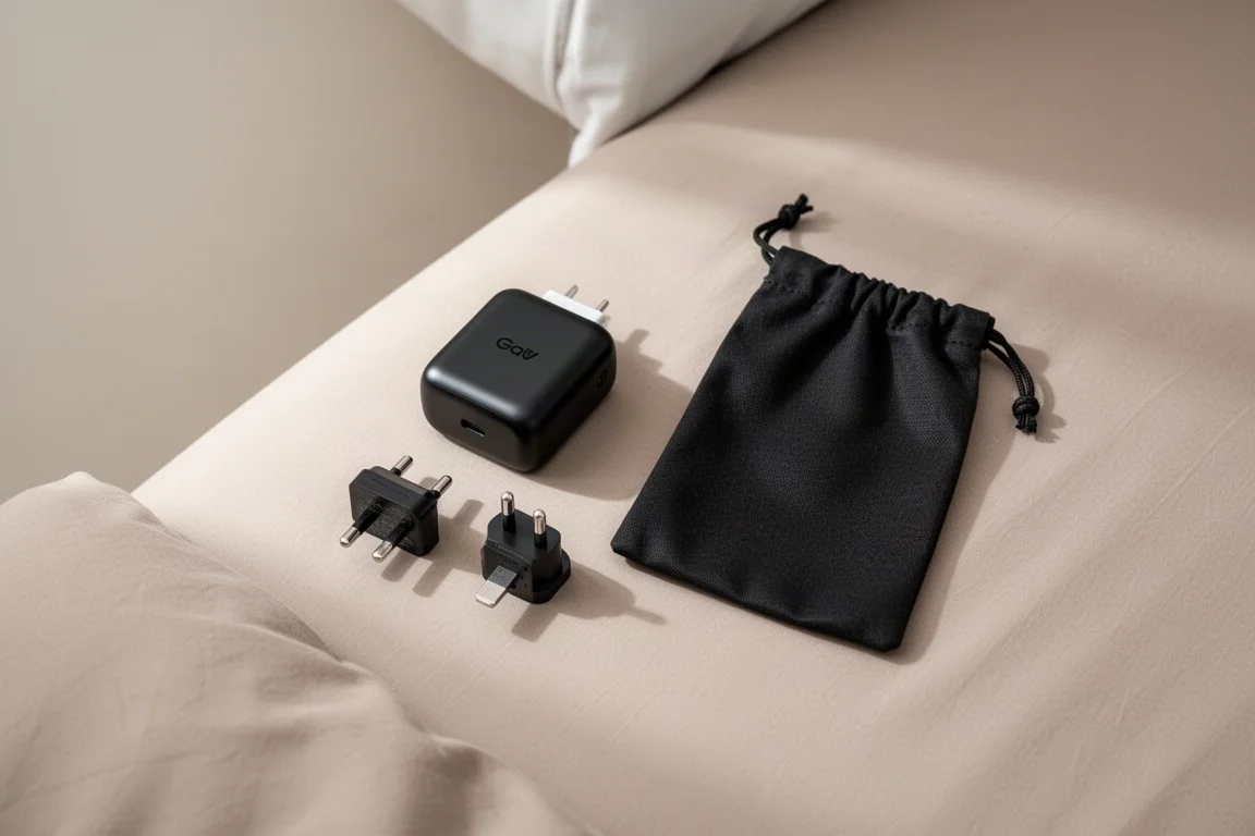 Reiseladegerät und Adapterstecker in einem kleinen Beutel mit Kordelzug auf einem Bett
