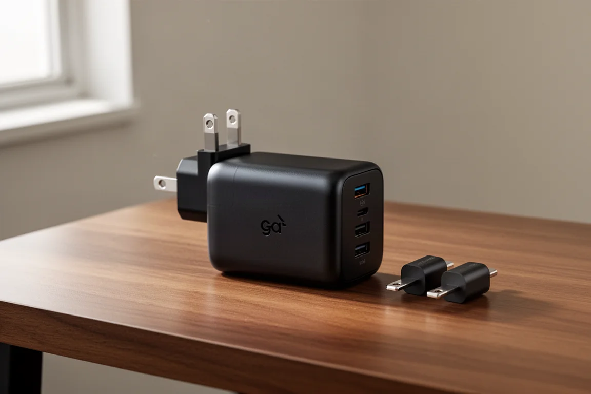 Kompaktes schwarzes GaN-Reiseladegerät mit Adaptersteckern auf einem Holztisch