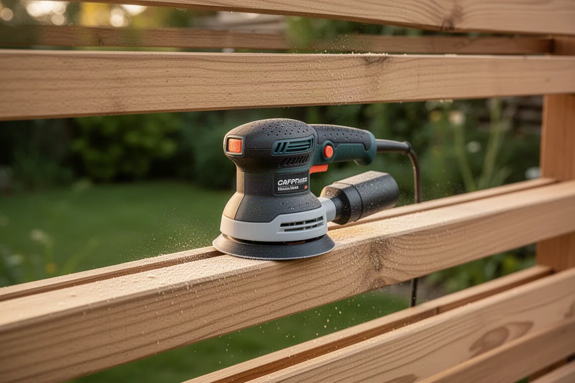 Compact random orbital sander resting on a weathered outdoor timber screen