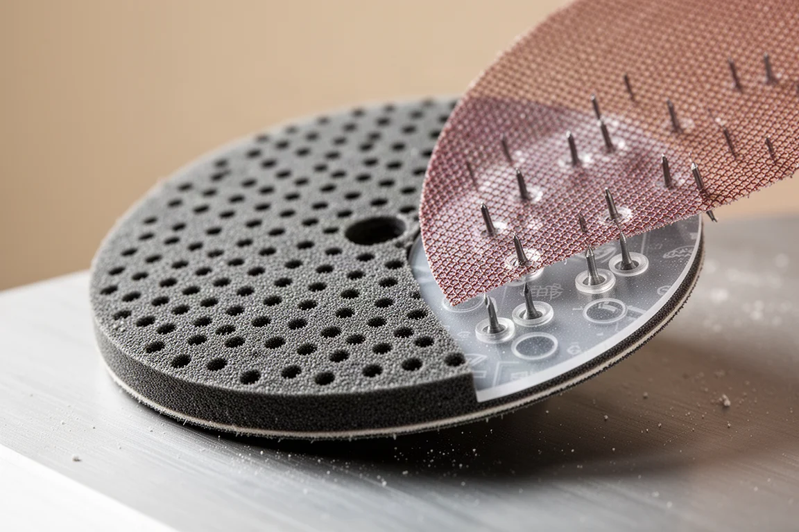 Close-up of a sanding pad with dense dust extraction hole pattern