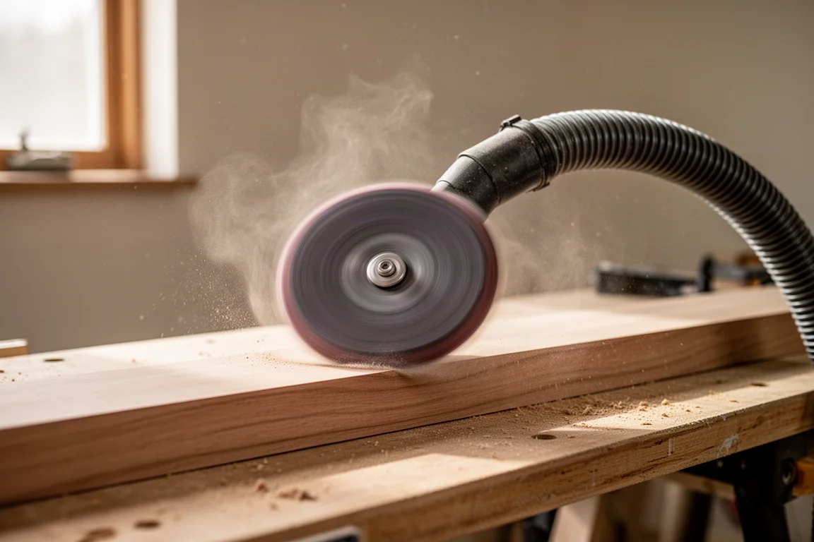 Sanding disc spinning on a timber surface with fine dust in the air