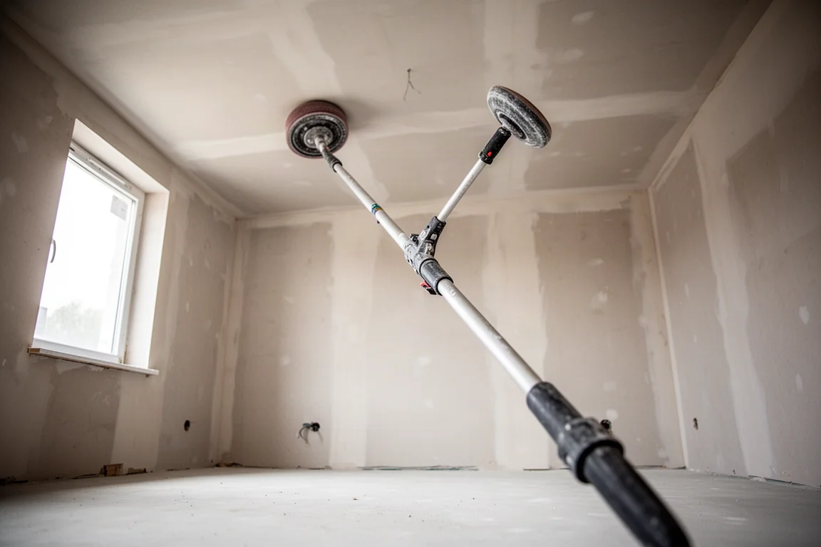 Long-pole drywall sander reaching toward a high ceiling line