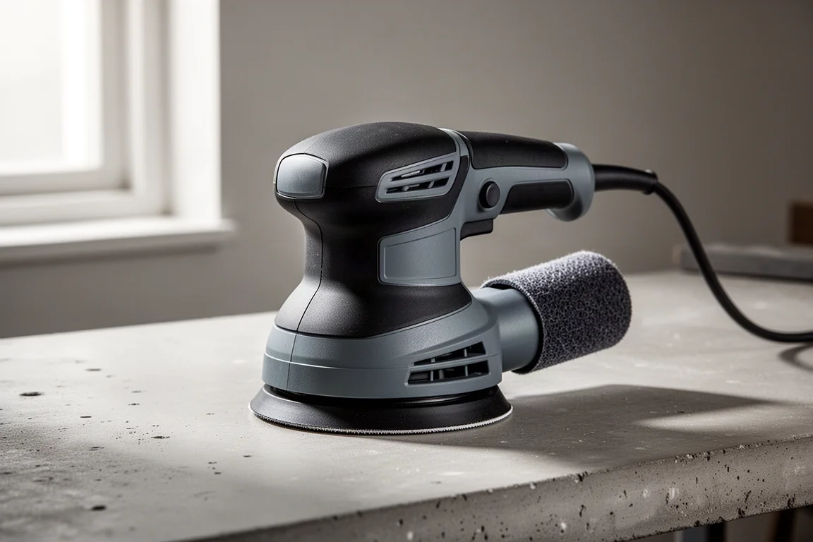 Compact Mirka DEROS 650 random orbital sander on a concrete workbench