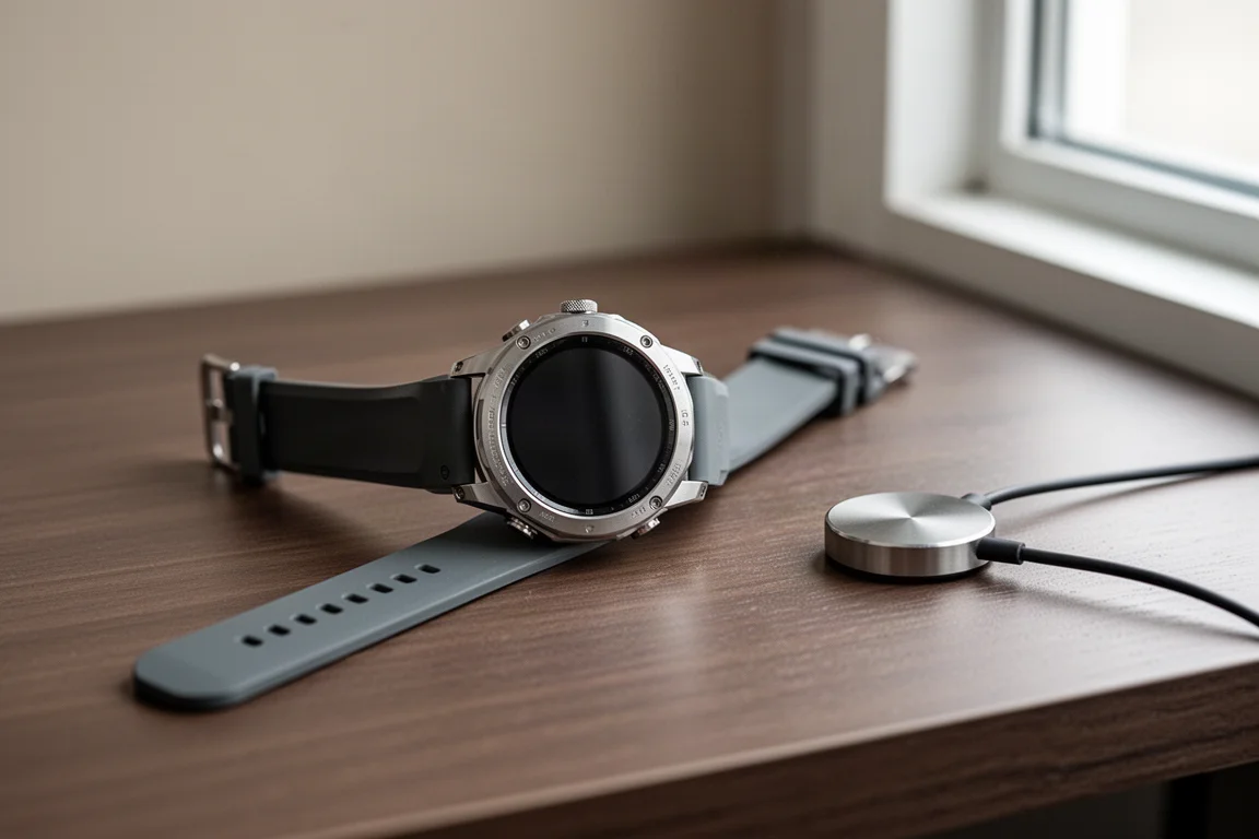 Smartwatch robusto deitado com o mostrador para cima em uma mesa de madeira ao lado de um carregador magnético