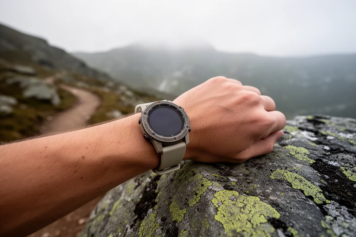 Smartwatch no pulso, apoiado sobre uma trilha de caminhada com pedras