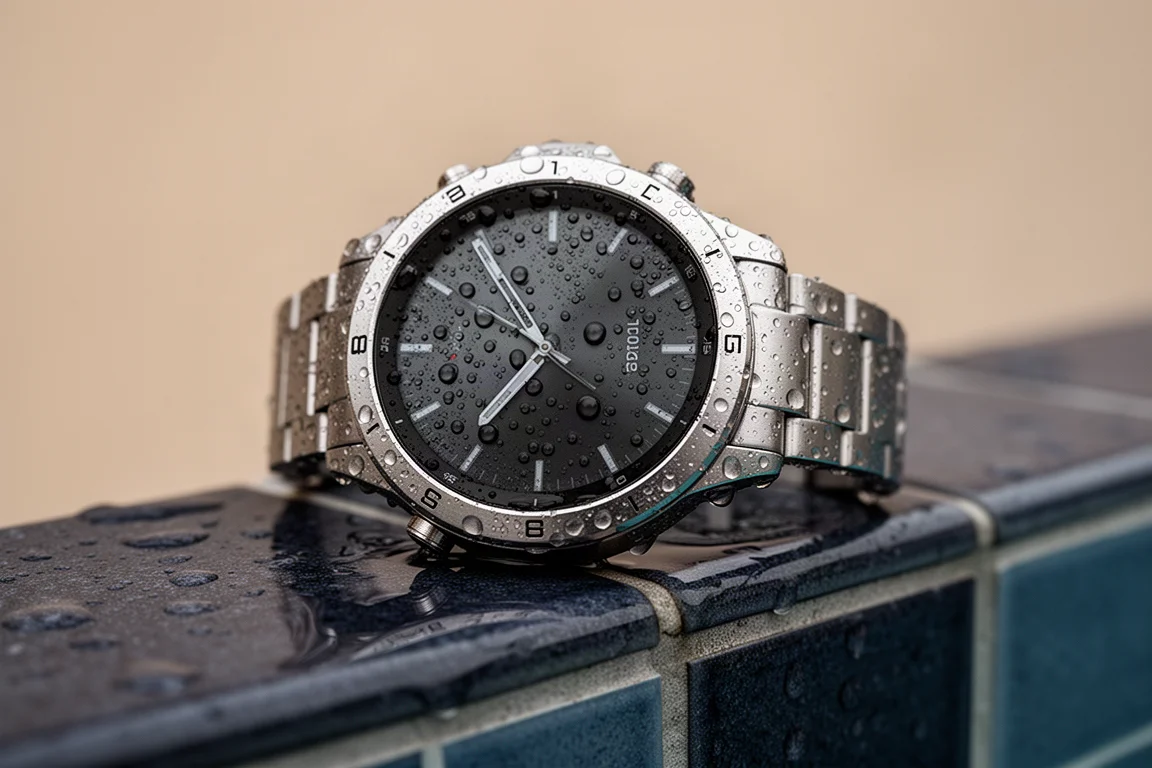 Mostrador do smartwatch cercado por gotas de água após imersão em piscina