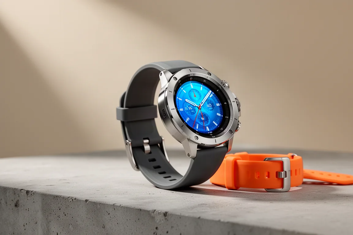 Smartwatch rugged in acciaio inox con cinturino in silicone grigio scuro su una superficie di cemento