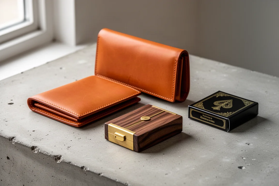 Oil tan leather wallet, walnut cologne case, and black playing card box on concrete