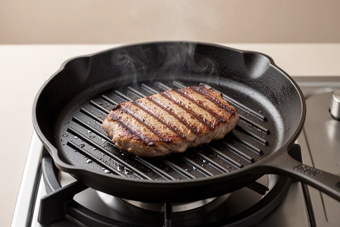 Plancha grill con nervaduras elevadas sellando alimentos sobre la estufa