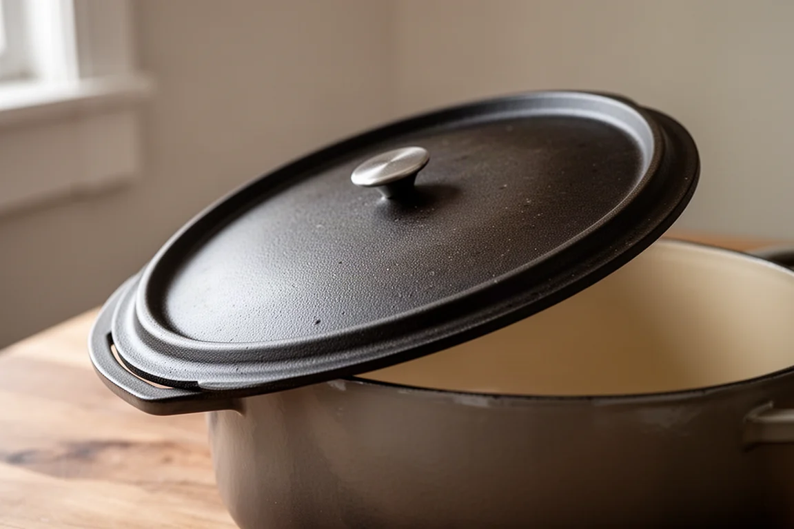 Manos levantando una pesada tapa de hierro fundido de una olla holandesa