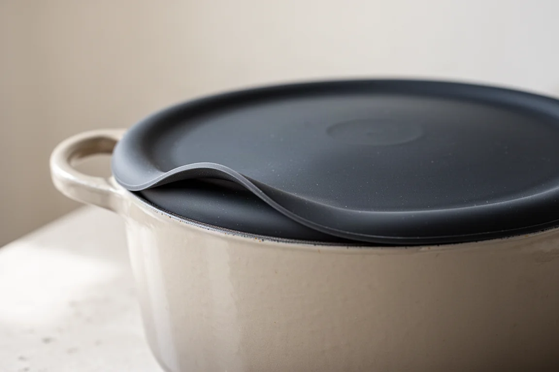 Tapa flexible de silicona sellándose sobre el borde de una olla esmaltada