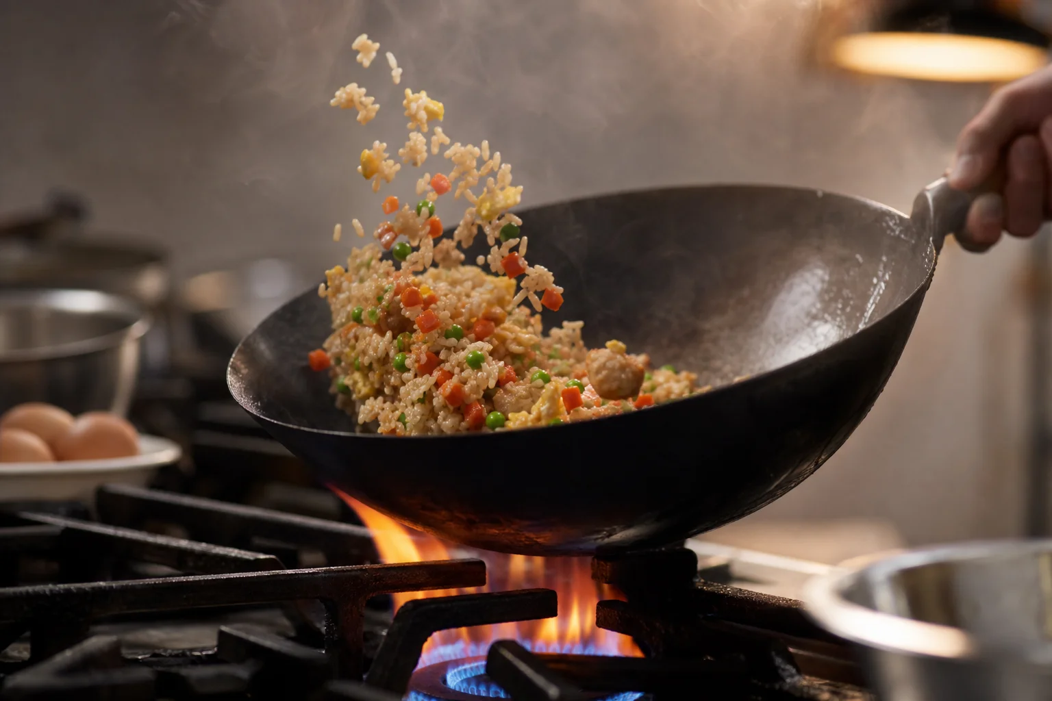 Hands tossing fried rice in a hot wok over a stovetop flame