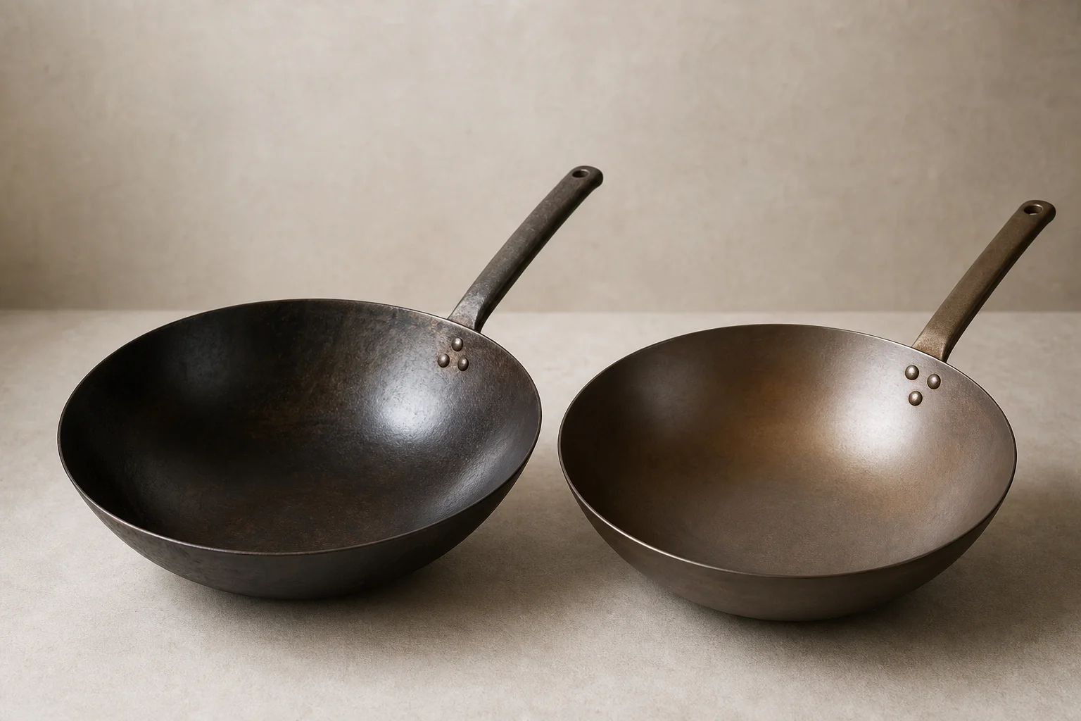 Comparison of a well-seasoned dark wok next to a newer lighter-colored wok