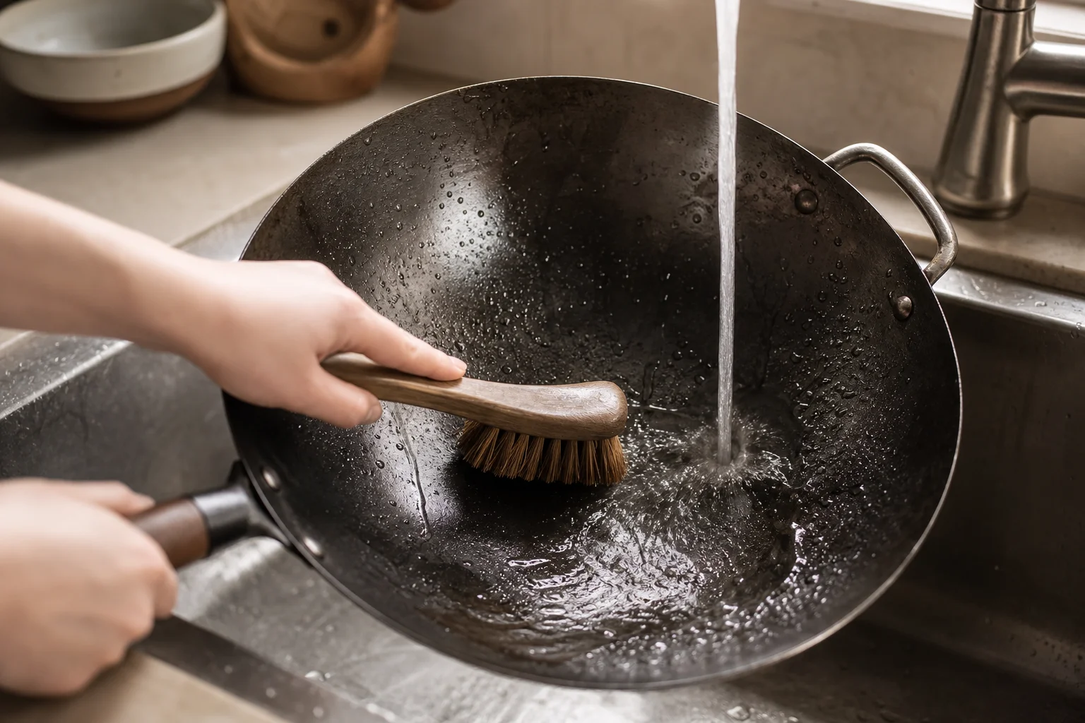 A carbon steel wok being cleaned with a fiber brush under hot water