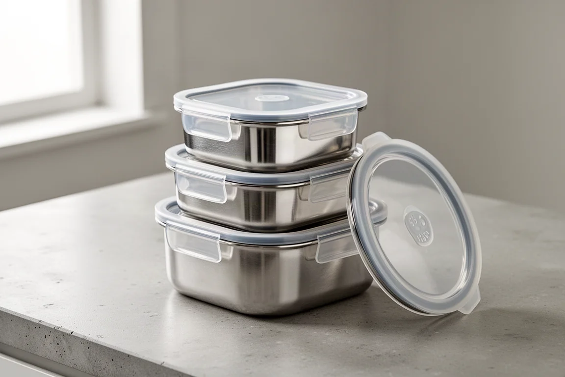Set of three stainless steel food storage containers with glass-topped lids on a counter