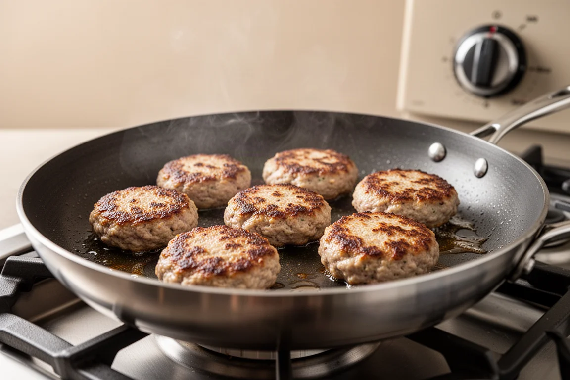 Hamburguesas de pavo dorándose en una sartén ancha y poco profunda