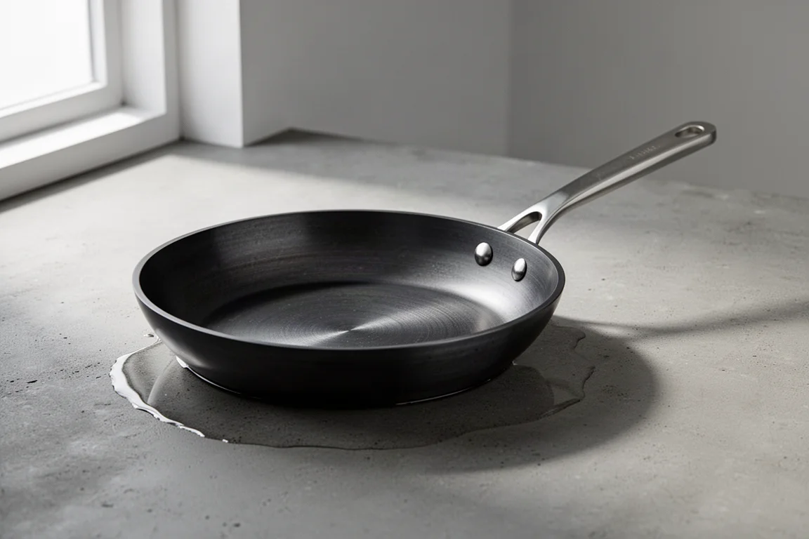 Misen nitrided carbon steel frying pan on a concrete surface