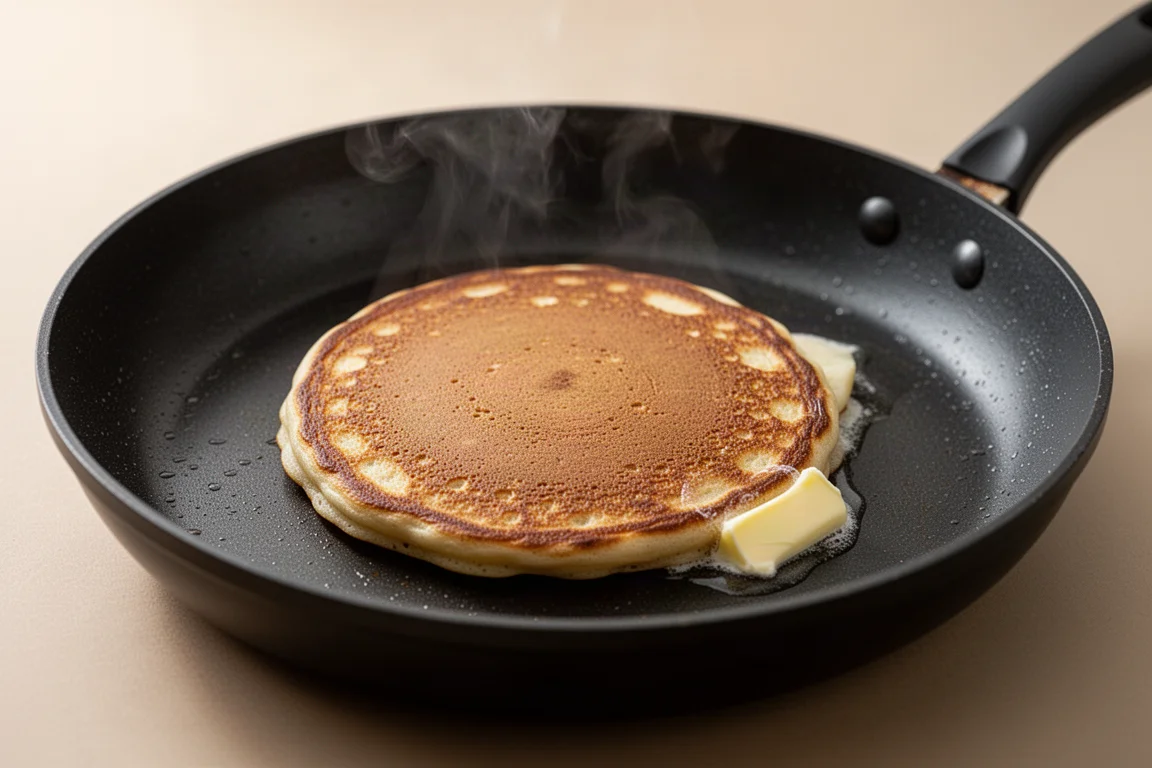 Goldbrauner Pancake gart gleichmäßig in einer Antihaft-Pfanne