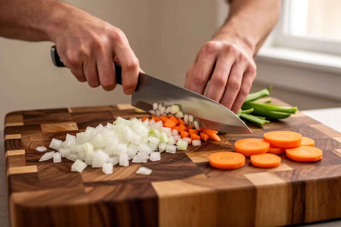 Cook chopping vegetables on a wooden cutting board with a chef's knife