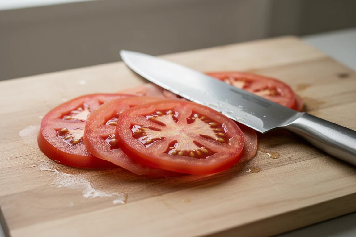 Tomato sliced in thin even pieces showing a sharp knife edge