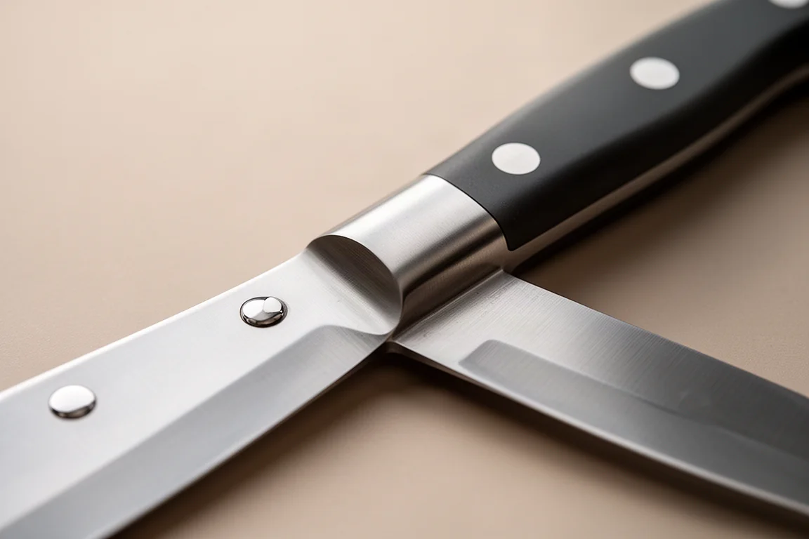 Close-up of a knife handle and bolster showing rivets and fit finish
