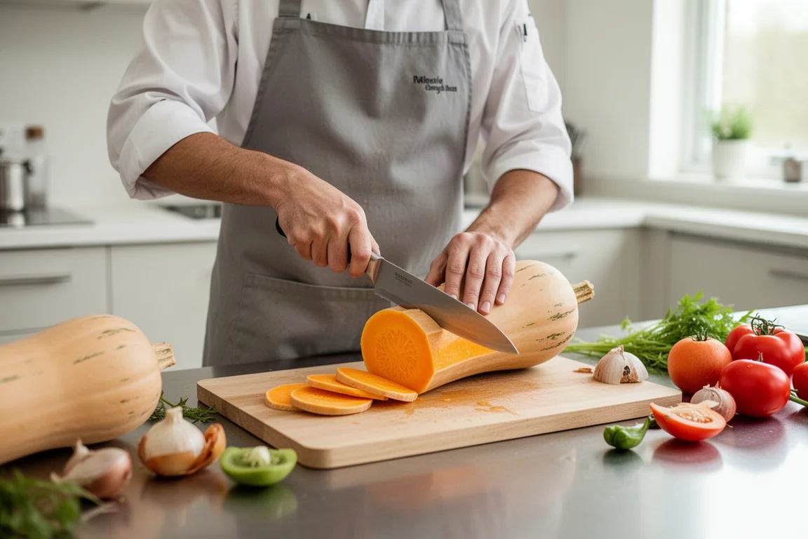 Chef slicing squash on a stainless counter in a bright modern kitchen