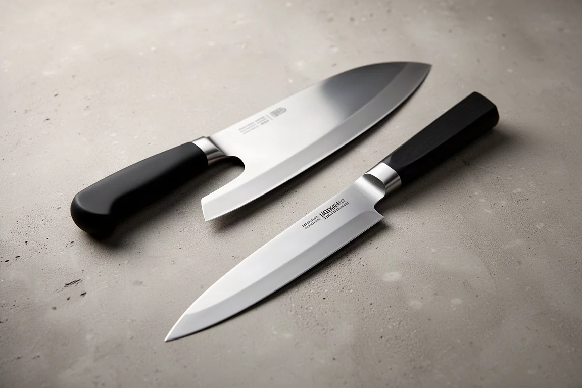 Two chef's knives side by side on a matte concrete surface