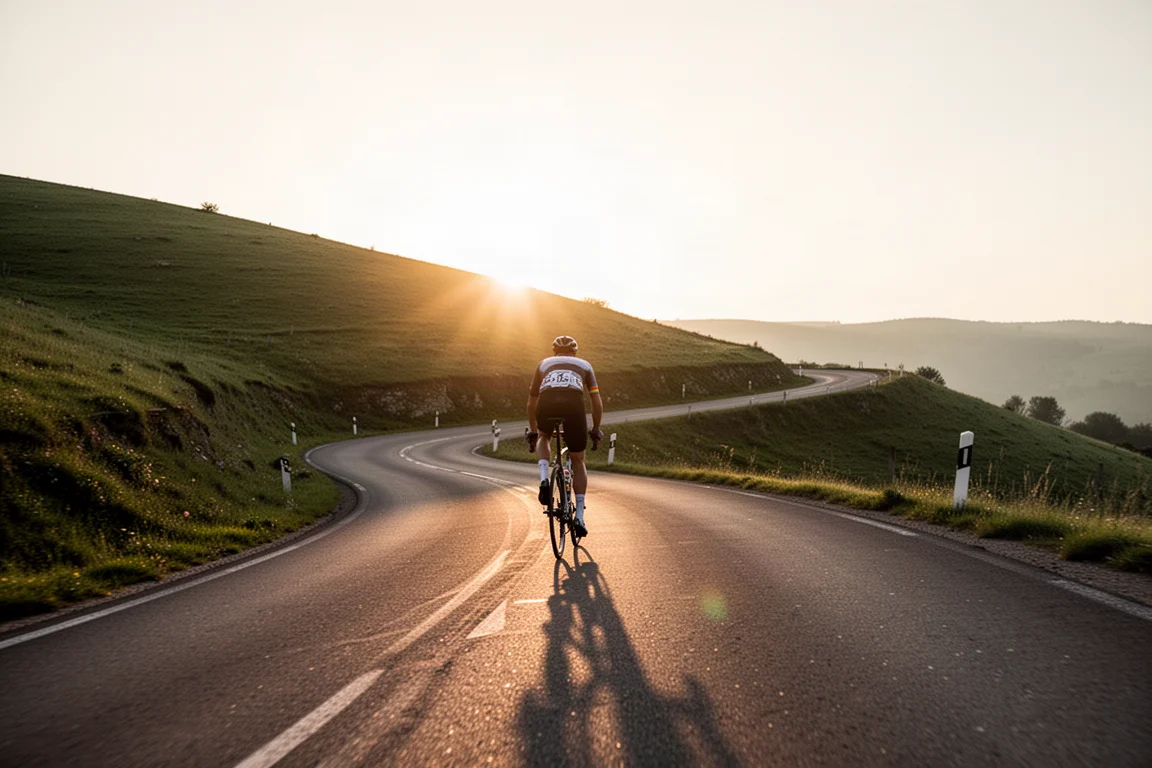 Ciclista de estrada subindo uma estrada sinuosa de colina sob a luz suave do fim da tarde