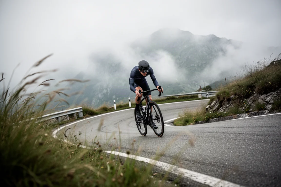 Ciclista descendo uma curva fechada de montanha com grama curvada pelo vento na beira da estrada