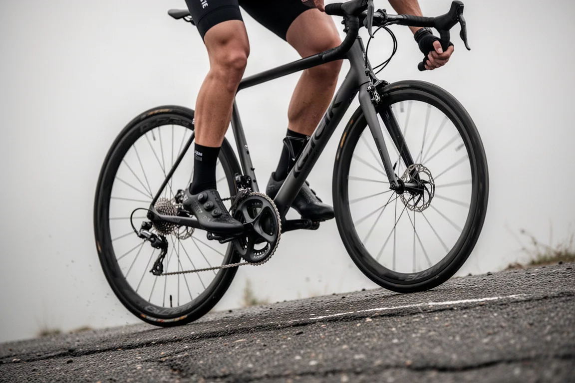 Close de um ciclista em pé nos pedais durante uma subida íngreme