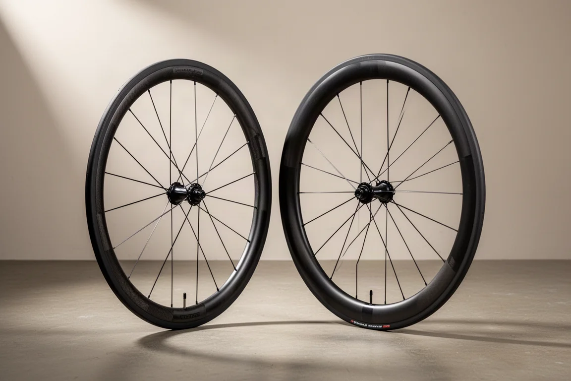 Twee carbon racefietswielen met verschillende velghoogtes naast elkaar op beton