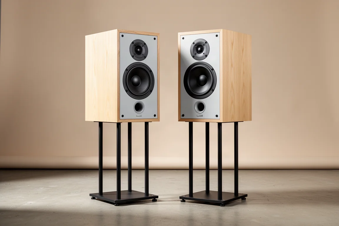 Pair of stand-mounted hi-fi bookshelf speakers with wood veneer cabinets and pale baffles on black stands