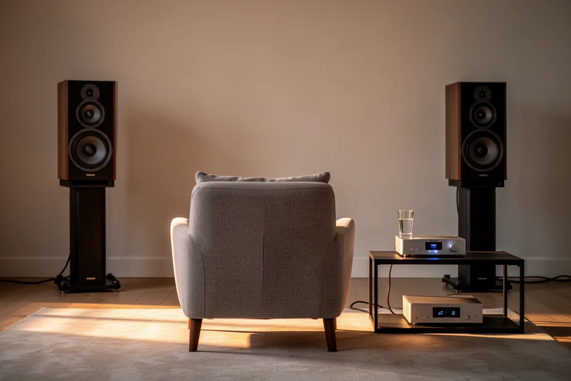 Płyty winylowe i notatnik na ławie przed systemem hi-fi