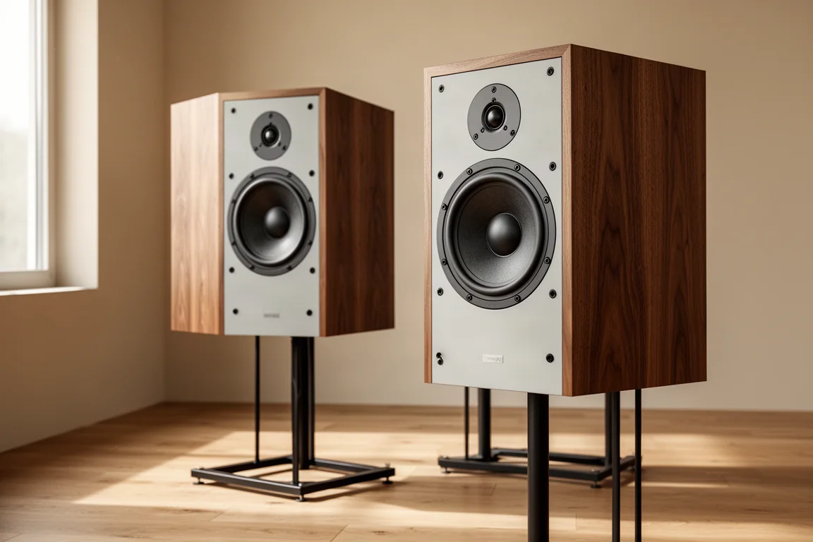 Pair of walnut standmount hi-fi speakers on black steel stands in a minimal listening room