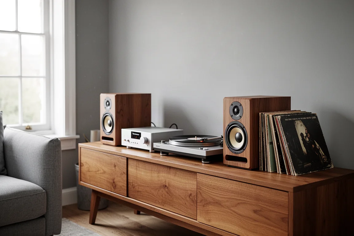Sistema hi-fi compatto con amplificatore, giradischi e diffusori da stand su una credenza in legno