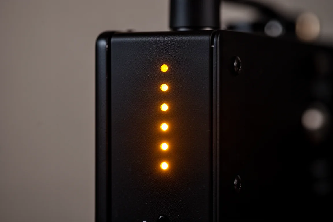 Primo piano del pannello frontale di un amplificatore compatto con una fila di spie luminose ambra del volume