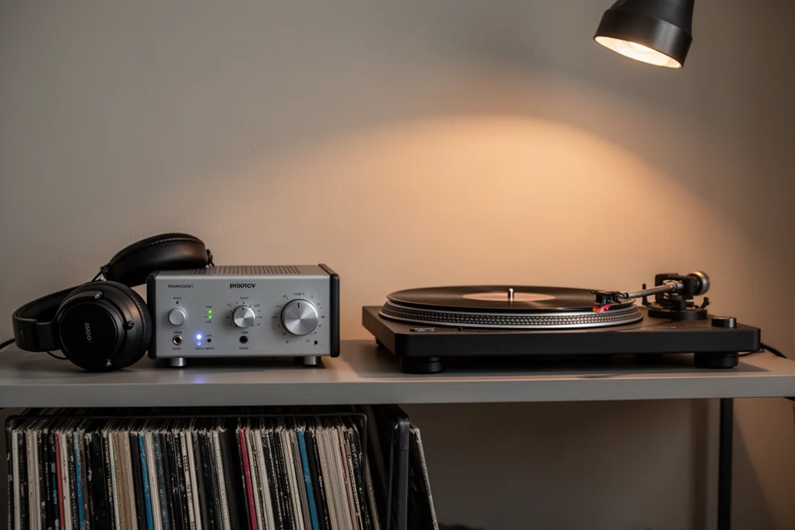 Amplificatore compatto e giradischi su uno scaffale accanto a dischi e cuffie over-ear in luce serale