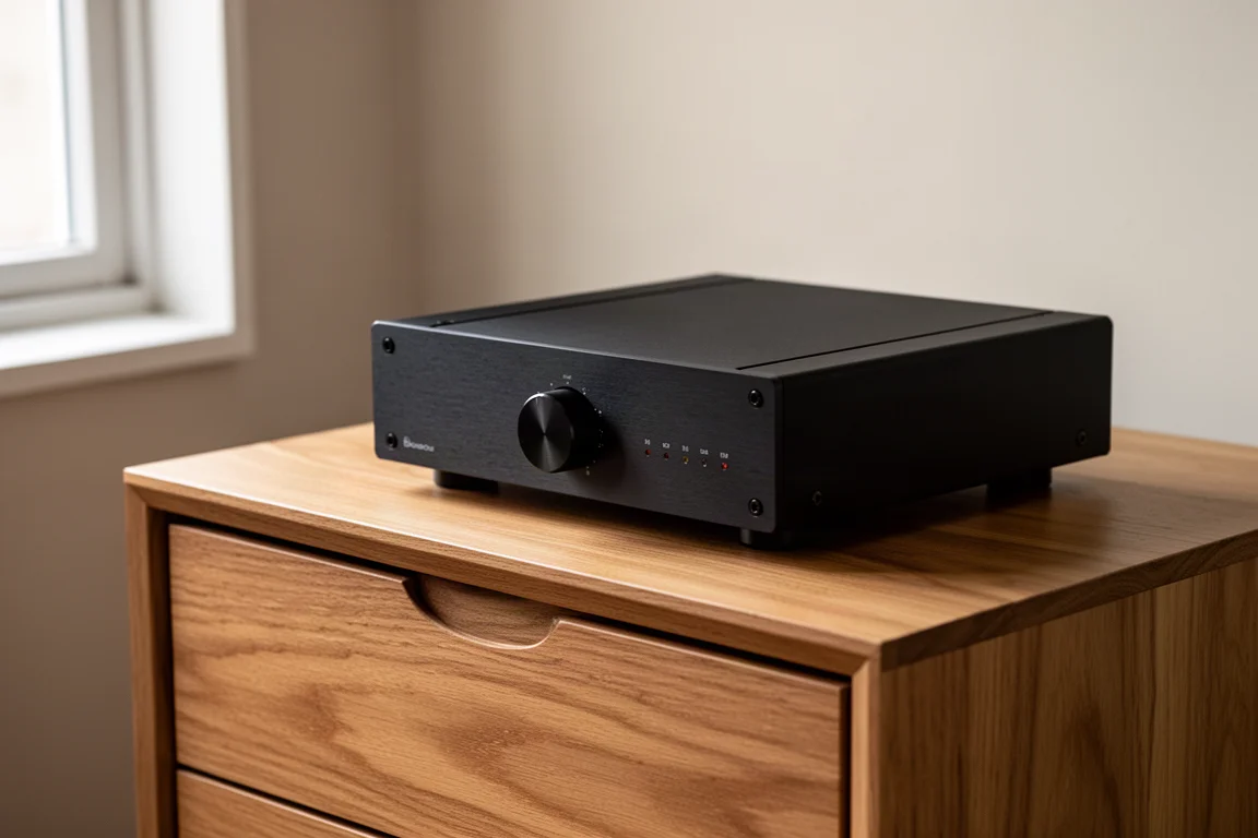 Compact matte black integrated amplifier with a rotary dial on an oak sideboard