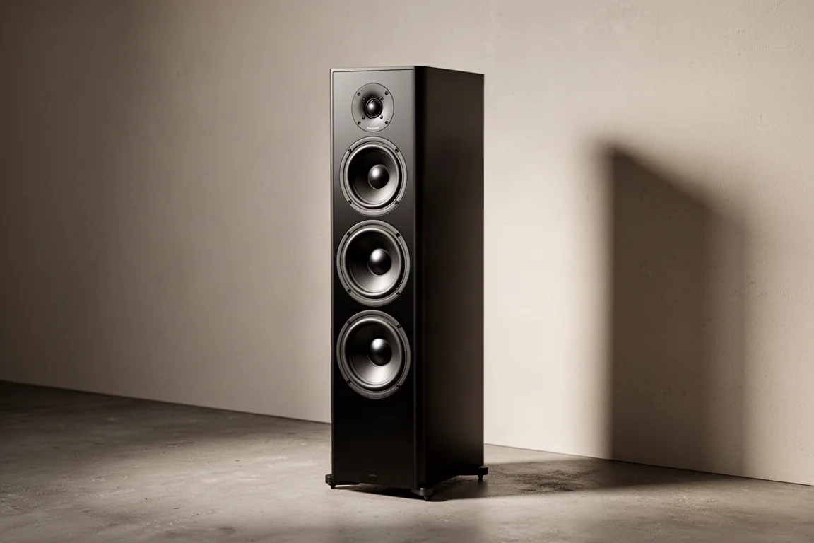 Slim matte black three-way tower speaker with dome tweeter and three cone drivers