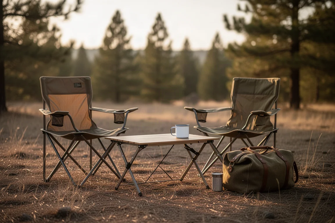 Zwei zusammenklappbare Campingstühle um einen aufgebauten Campingtisch zur goldenen Stunde