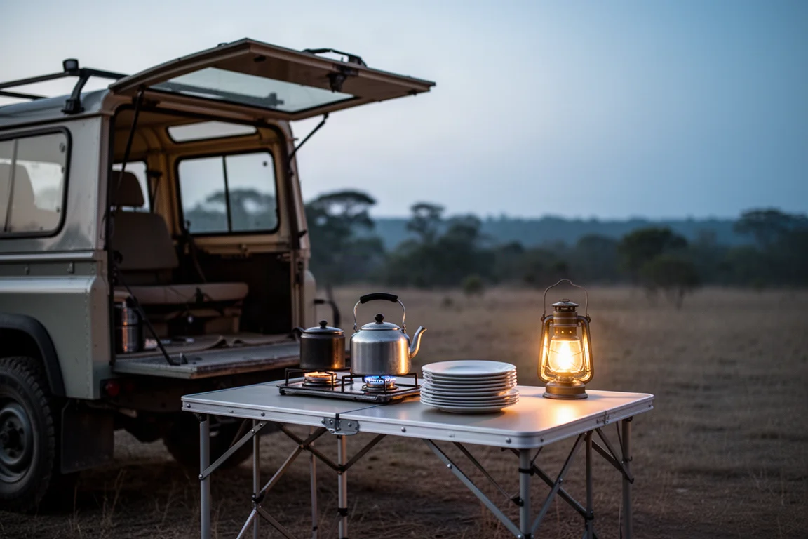 Overland-Fahrzeug neben einem für ein Abendessen aufgebauten Campingtisch geparkt