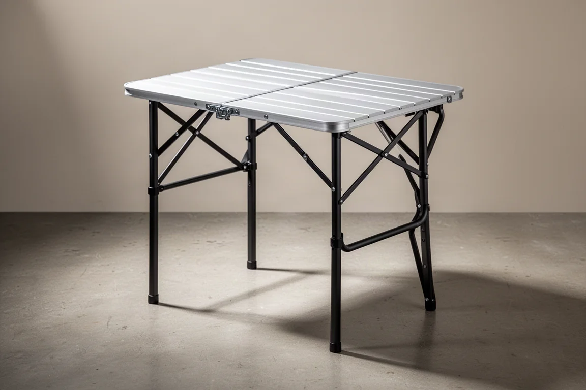 Folding camp table assembled on concrete beside its packed storage bag