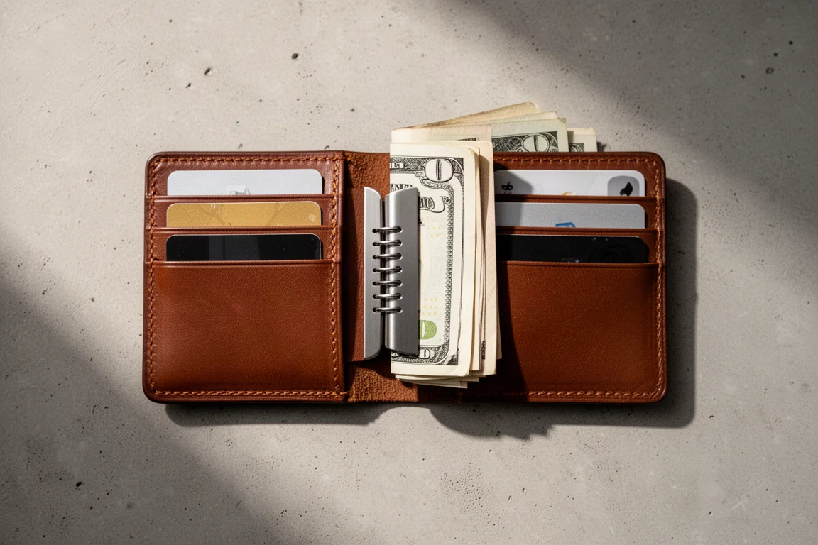 Cartera delgada abierta mostrando cuatro bolsillos interiores para tarjetas