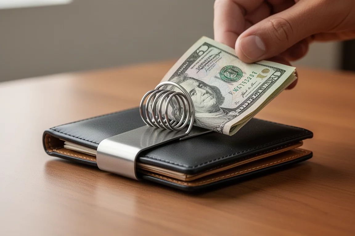 Manos deslizando un billete doblado bajo una money clip de metal