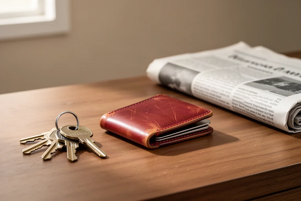 Cartera de cuero desarrollando pátina sobre un escritorio junto a objetos cotidianos
