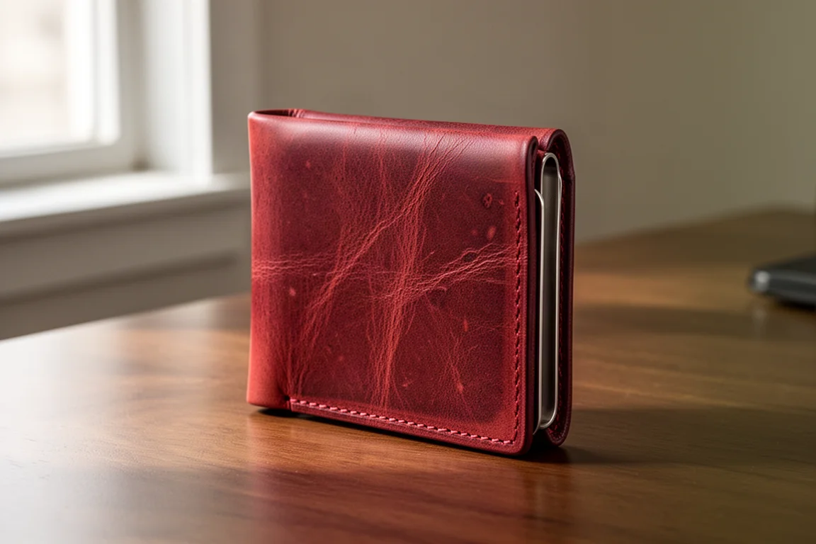 Slim red full grain leather money clip wallet on a wooden desk